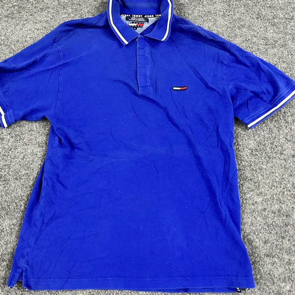 Tommy Jeans Polo Mens Size L Blue Cotton Mesh Short Sleeve Classic Logo Shirt